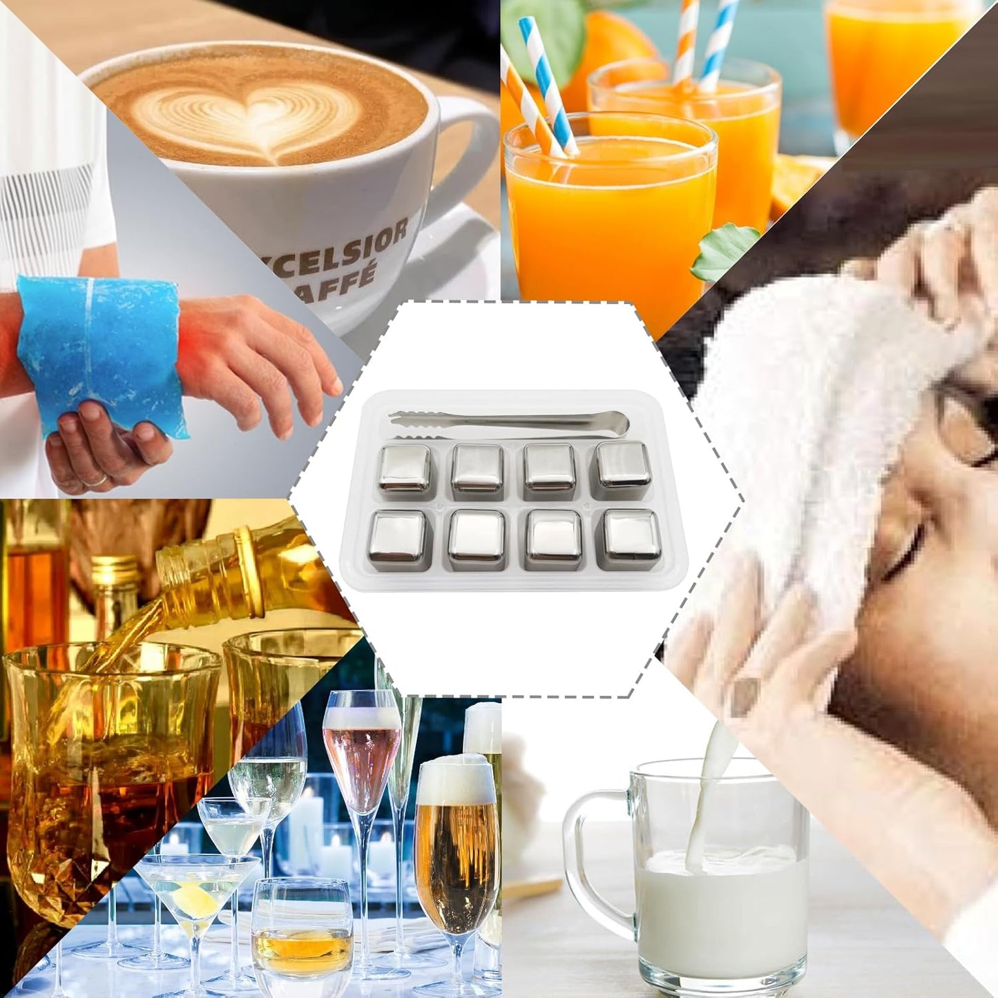 Stainless Steel Ice Cubes + Free Tongs